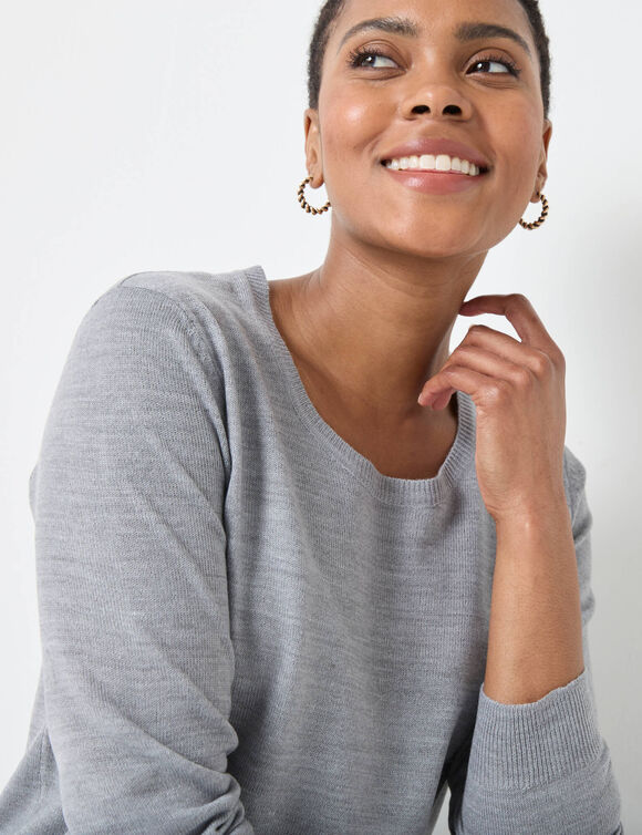 Pull col rond uni, manches longues, toucher doux (gris chiné)
