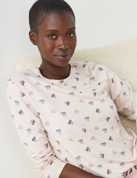 Pyjama pantalon tout doux manches longues imprim&eacute; noeud (cr&egrave;me)