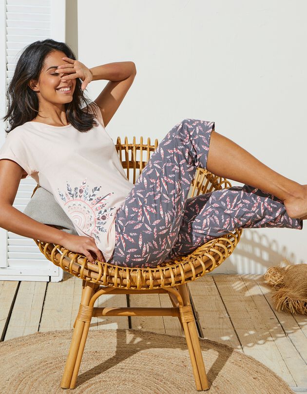 Bedrukte, korte pyjama met pluimpjesprint en bijpassend tasje (grijs / roze)
