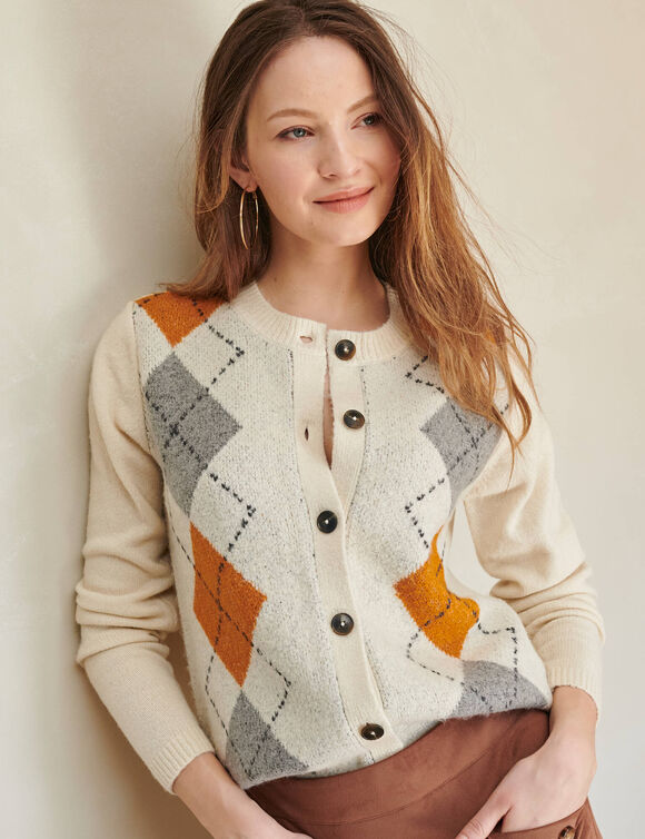 Gilet jacquard motif losanges (&eacute;cru / gris)