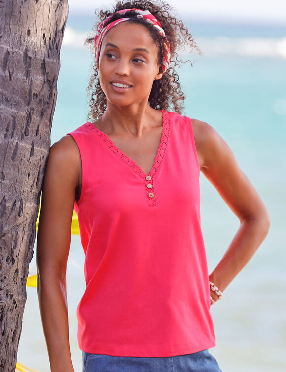 Débardeur uni, col V macramé (rose)