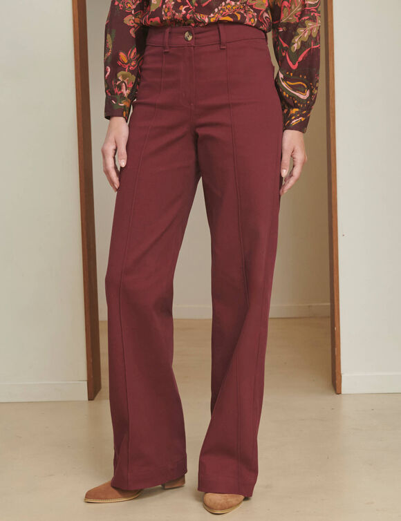 Pantalon large d&eacute;tails plis piqu&eacute;s (bordeaux)