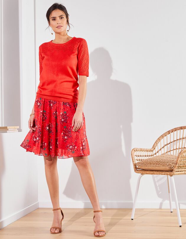 Korte rok met bloemenprint - voile (rood / indigo)
