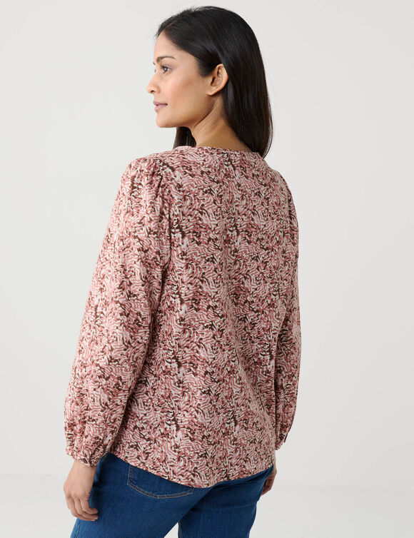 Katoenen blouse bedrukt met print, met split in de kraag (rozenhout / ecru)