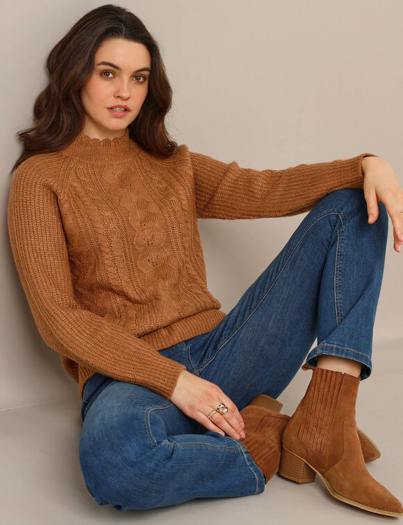Pull col montant, maille anglaise toucher doux (hazelnootbruin)