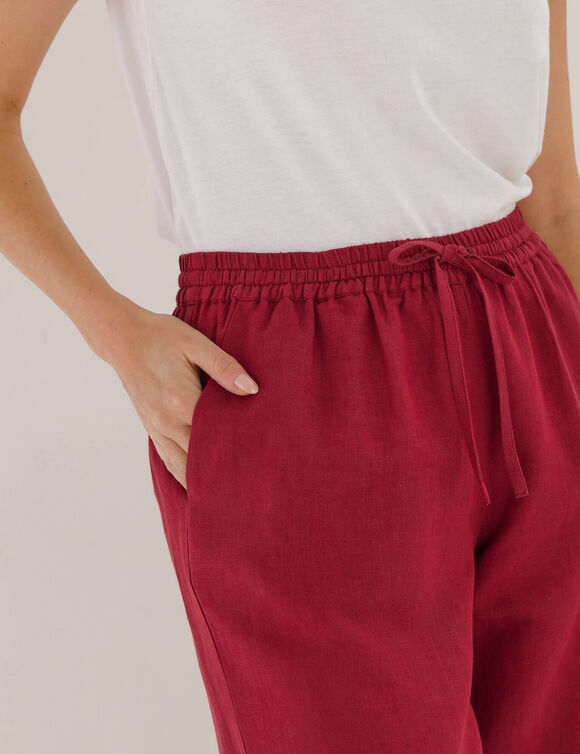 Pantalon coupe mom en coton/lin, taille &eacute;lastiqu&eacute;e (lie de vin)