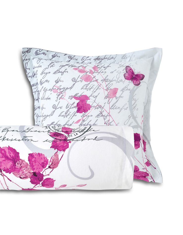 Linge de lit Célestine polycoton imprimé fleurs et papillons (gris / parme)