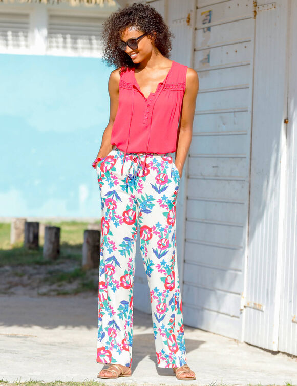 Pantalon large fluide, imprimé (écru)