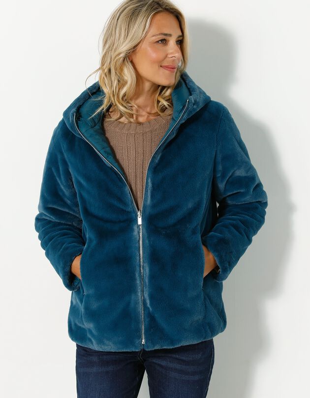 Jas in nepbont, omkeerbaar tot gewatteerde jas (eendenblauw)