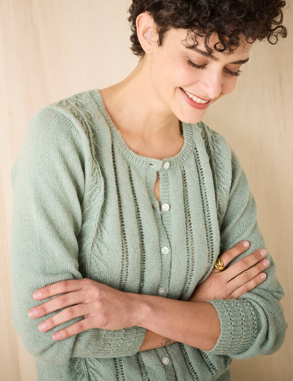Gilet boutonné col rond, maille fantaisie (vert d'eau)