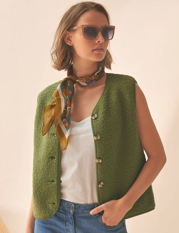 Veste sans manches, maille bouclette (kaki)
