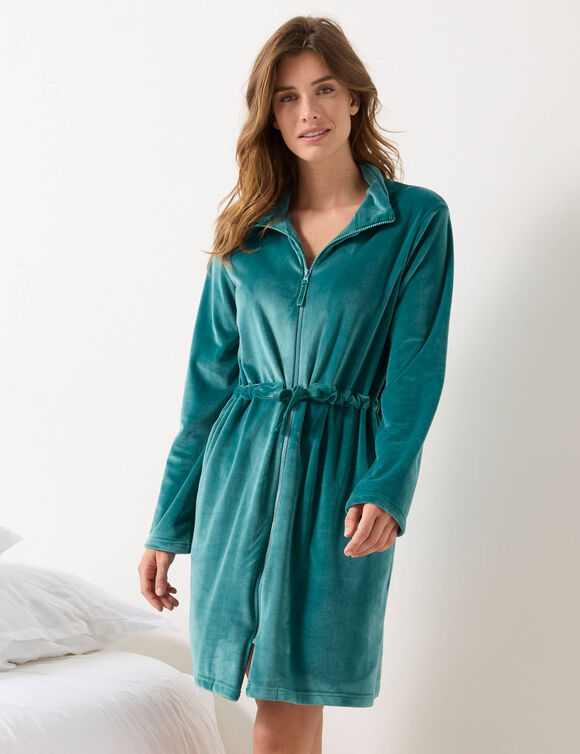 Robe de chambre velours courte ouverture zippée (céladon)