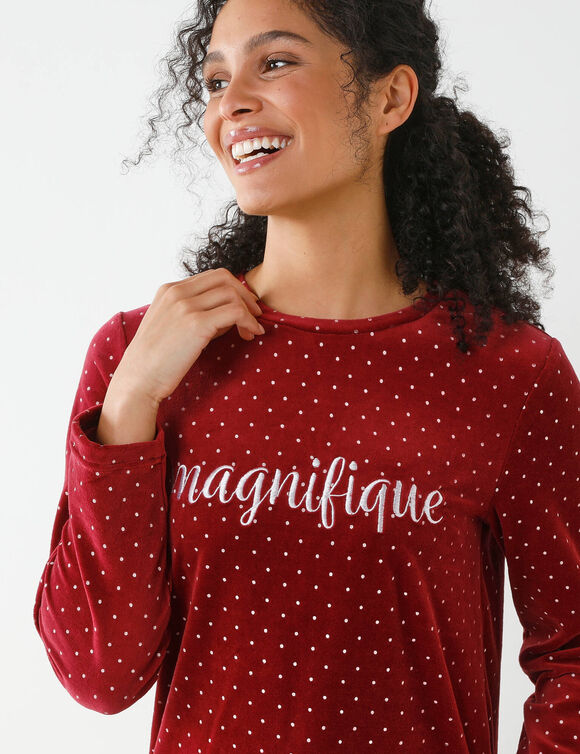 Chemise de nuit en velours imprimé pois  (cerise / écru)
