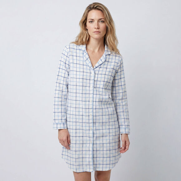 Chemise de nuit en flanelle forme liquette tiss&eacute; teint carreaux (&eacute;cru / bleu)