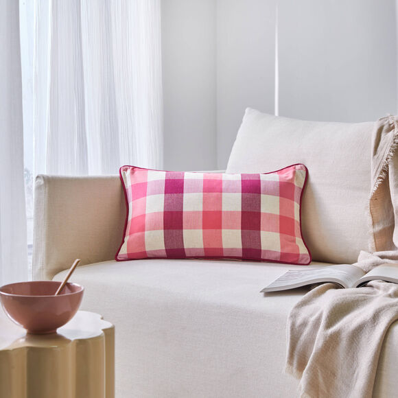 Coussin rectangulaire coton lin carreaux (rose)