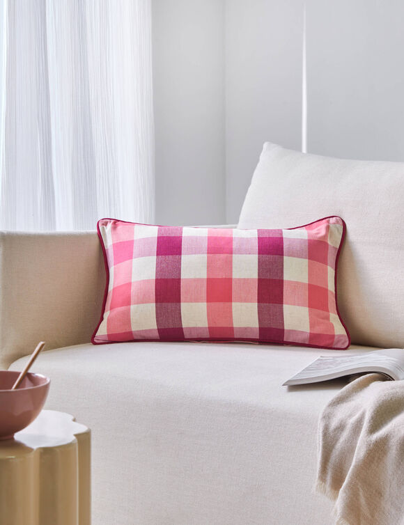 Coussin rectangulaire coton lin carreaux (rose)