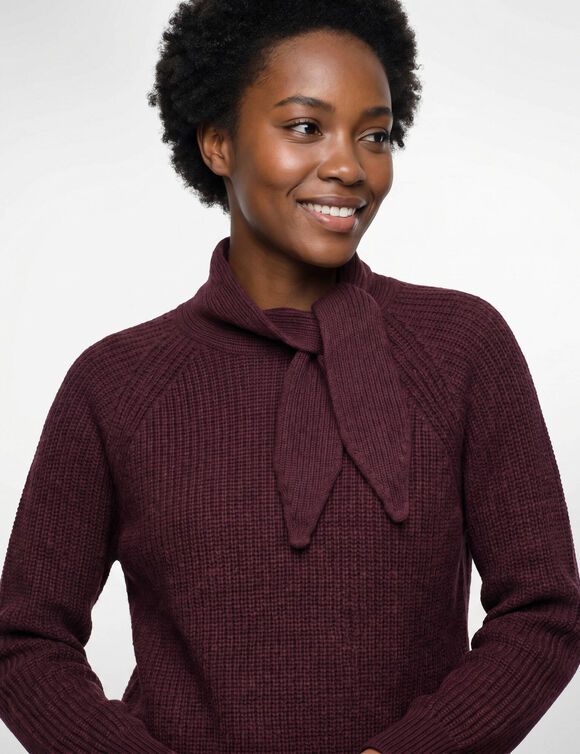 Pull blousant col montant avec noeud, maille anglaise (prune)