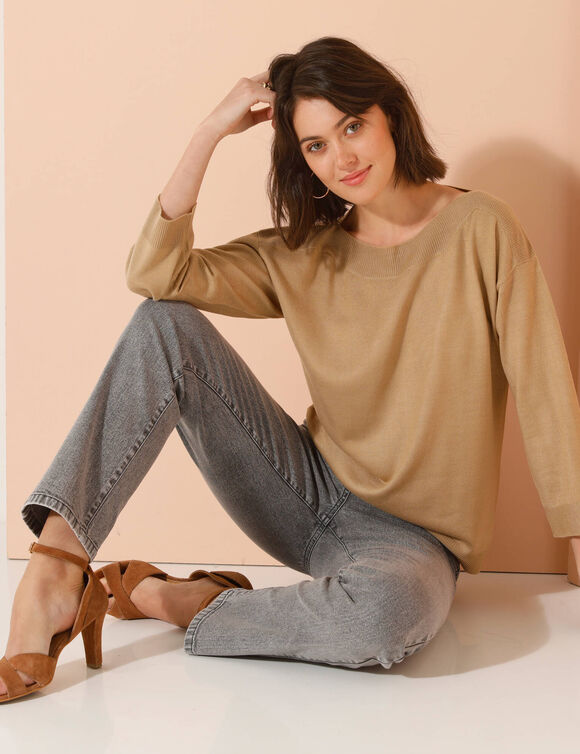 Pull col bateau manches 3/4, toucher doux (beige)