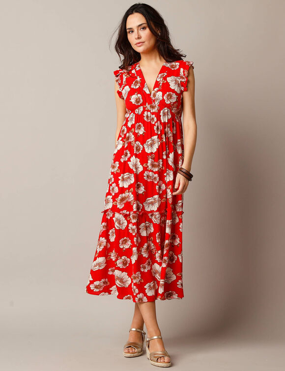 Robe longue sans manches, crépon imprimé (rouge)