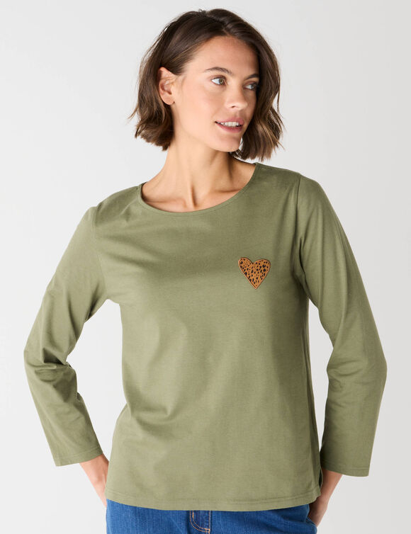 T-shirt marinière manches longues, brodé "cœur" uni ou imprimé léopard (kaki / chocolat)