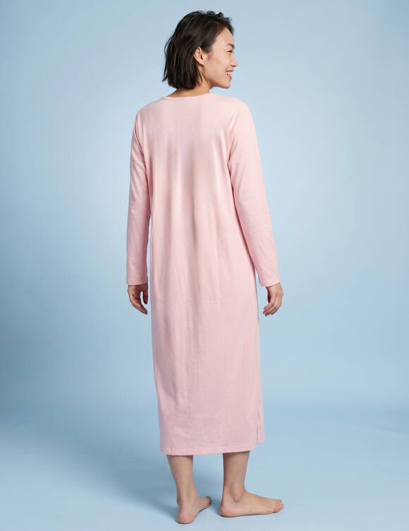 Effen lang nachthemd met knoopkraag en lange mouwen, speciaal voor kleine maten (roze)