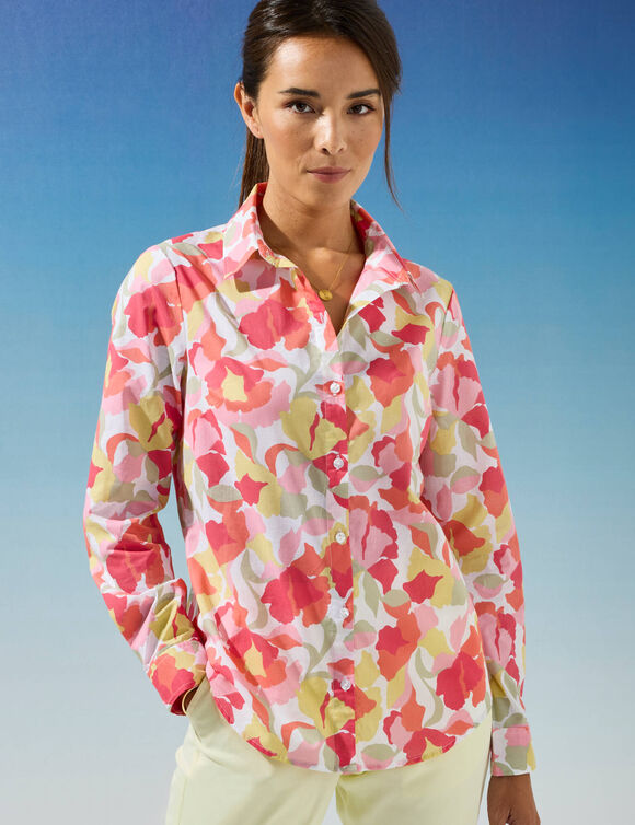 Chemisier imprimé floral, voile de coton (blanc / rose)