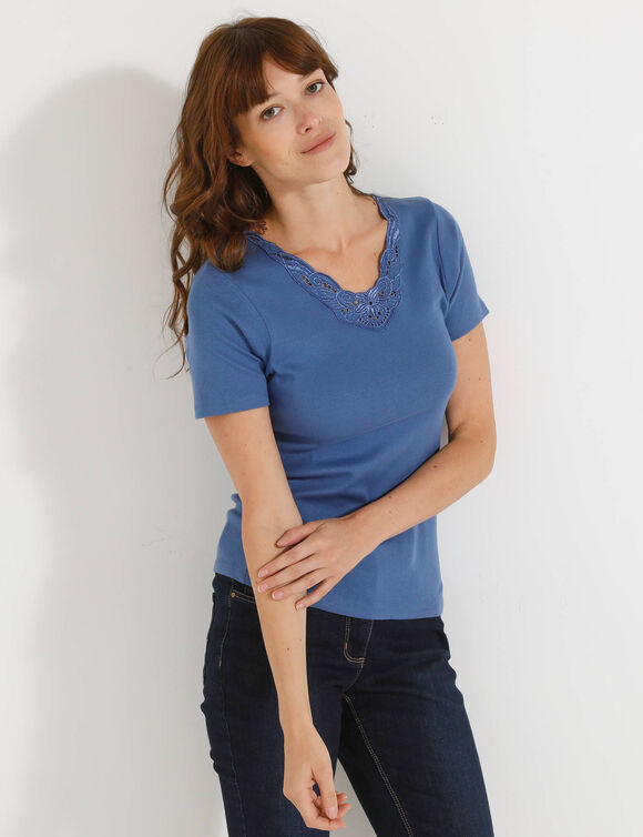 T-shirt manches courtes dentelle (bleu)