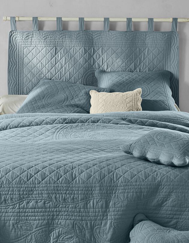 Tête de lit unie coton style boutis Cassandre, bleu grisé, hi-res