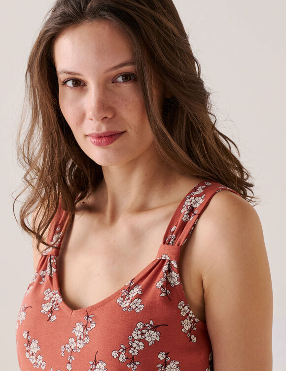 Nuisette imprim&eacute;e fleuri avec bretelles fronc&eacute;es (terracotta)