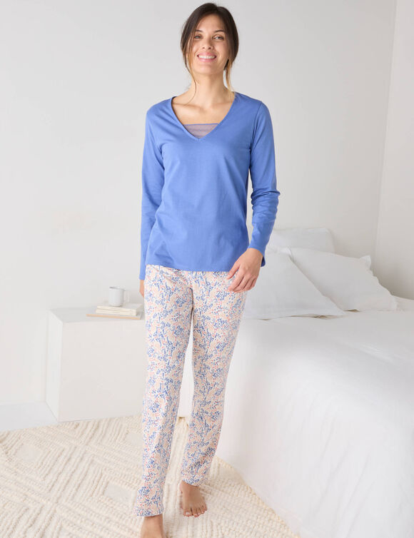 Pyjama met pasje in plumetis - vogelprint (ecru / blauw)