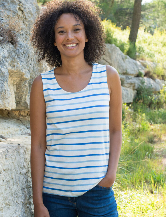 D&eacute;bardeur ray&eacute;, maille jersey (&eacute;cru / bleu)