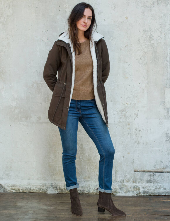 Parka d&eacute;perlante &agrave; capuche, doubl&eacute;e polaire sherpa (chocolat)