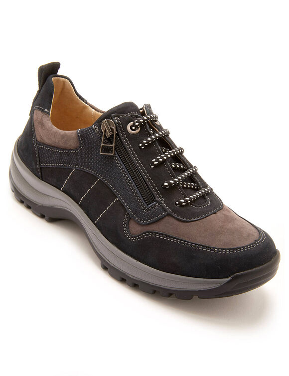 Wandelsneakers met rits en veters, breed model in leer (marine / grijs)