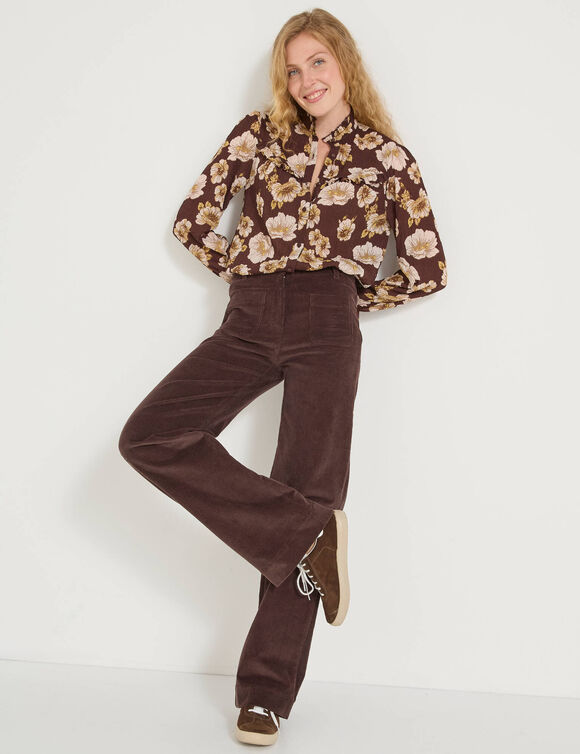 Blouse volantée imprimée floral, crépon (chocolat)
