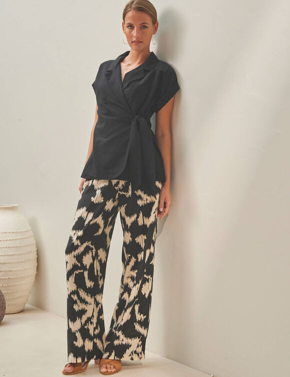 Pantalon large, imprim&eacute; (noir / &eacute;cru)