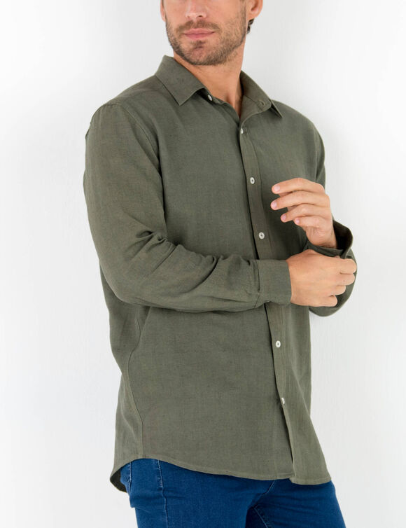 Chemise coton lin manches longues boutonn&eacute;e (kaki)