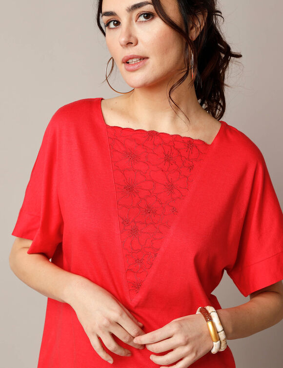 T-shirt boite brodé, manches courtes amples (rouge)