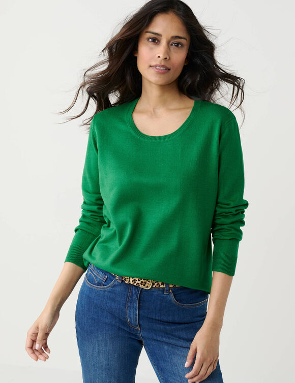 Pull col rond uni, manches longues, toucher doux (vert)