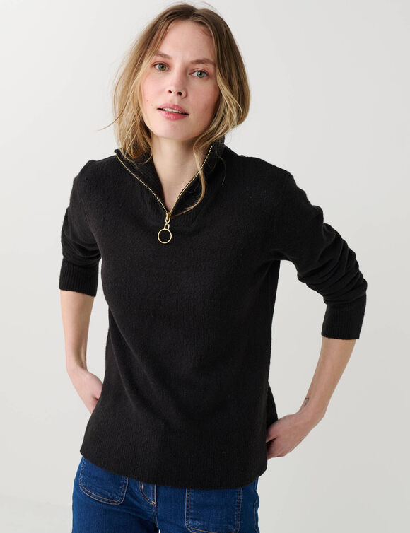 Pull col camionneur zipp&eacute;, maille moelleuse (noir)