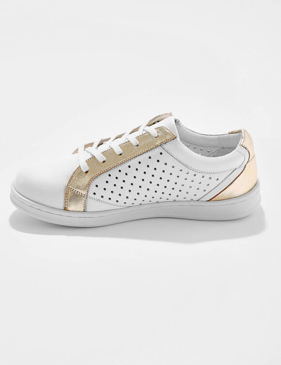 Tweekleurige sneakers in geperforeerd leer met rits (wit / goudkleurig)