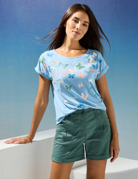 T-shirt boite, imprim&eacute; papillons (bleu)