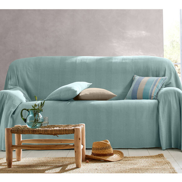 Plaid of sprei, effen katoen met artisanaal weefsel (celadon)