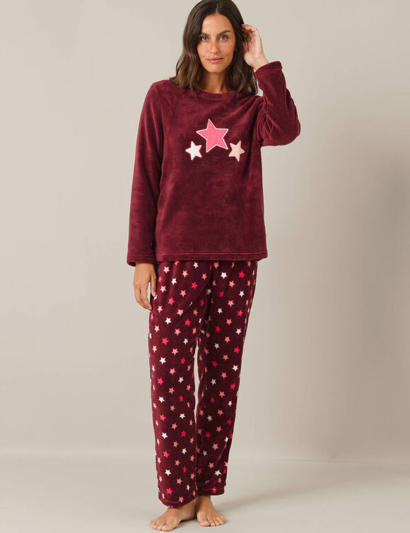 Pyjama pantalon polaire "étoiles", toucher peluche (bordeaux / corail)