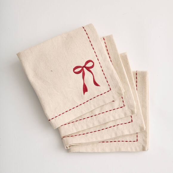Serviettes de table brod&eacute;es en coton/lin - lot de 4 (naturel / rouge)