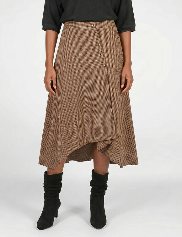 Jupe longue asym&eacute;trique coupe &eacute;vas&eacute;e, &agrave; carreaux en fils teints (chocolat / noisette)