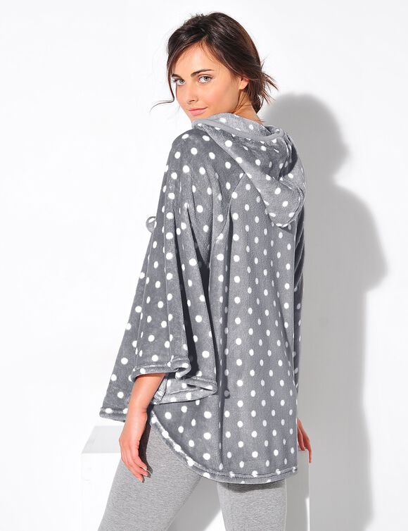 Poncho à capuche, maille polaire toucher peluche (gris imprimé pois)
