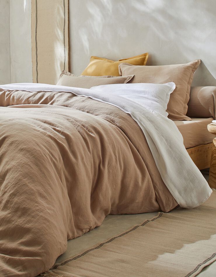 Effen bedlinnen in gewassen linnen (beige)
