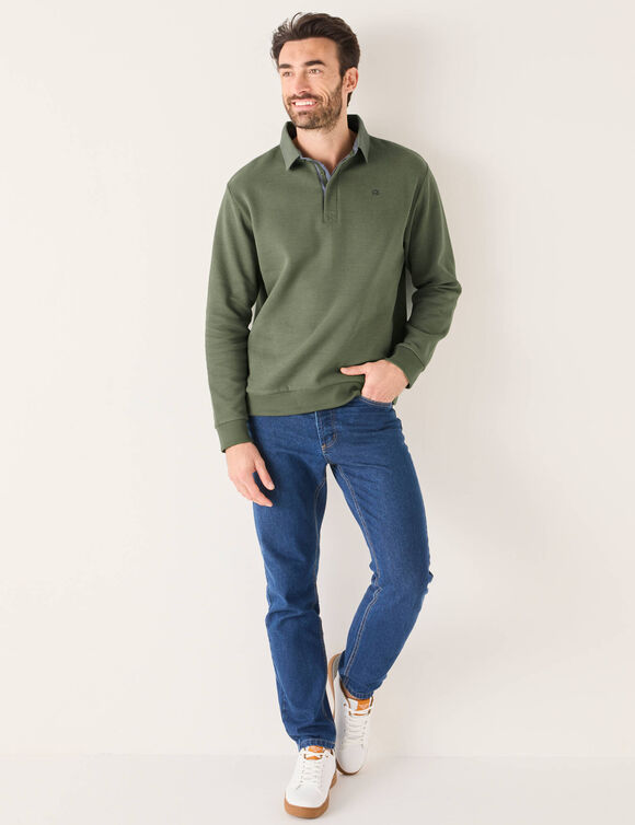 Sweat chaud col polo brodé poitrine maille côtelée (kaki clair)