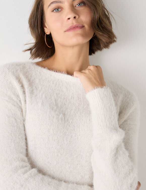 Pull dos dentelle, maille poilue (ivoire)