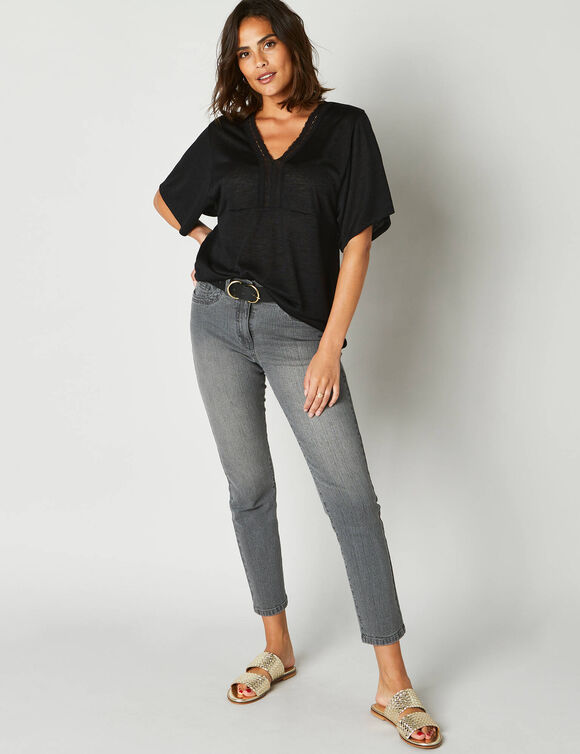 Tunique col macram&eacute;, manches courtes (noir)